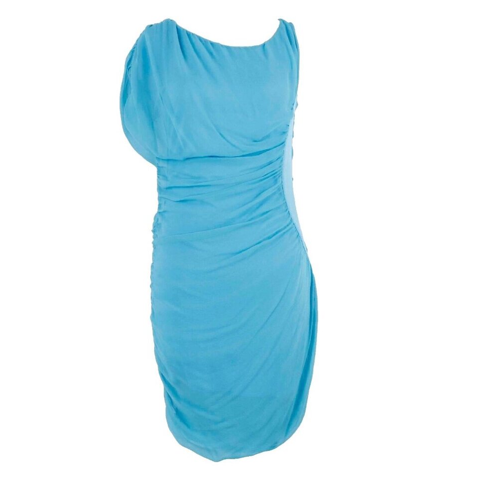 Love Sex Money Sz 44 Aqua Blue Zip Side Aysm Rayon Elastane 100% Silk Dress